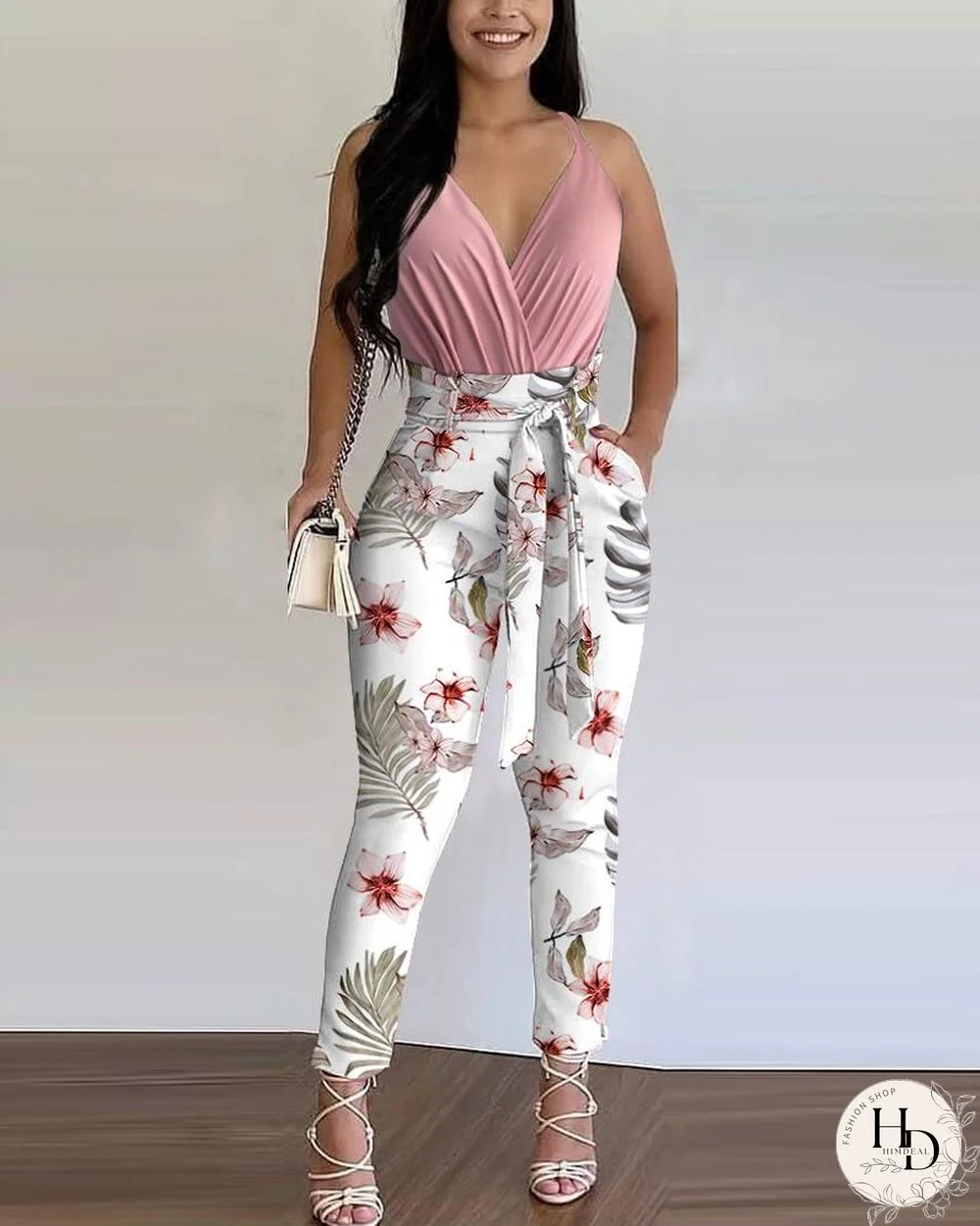 Solid V-Neck Cami Top & Floral Print Tie Front Pants Set