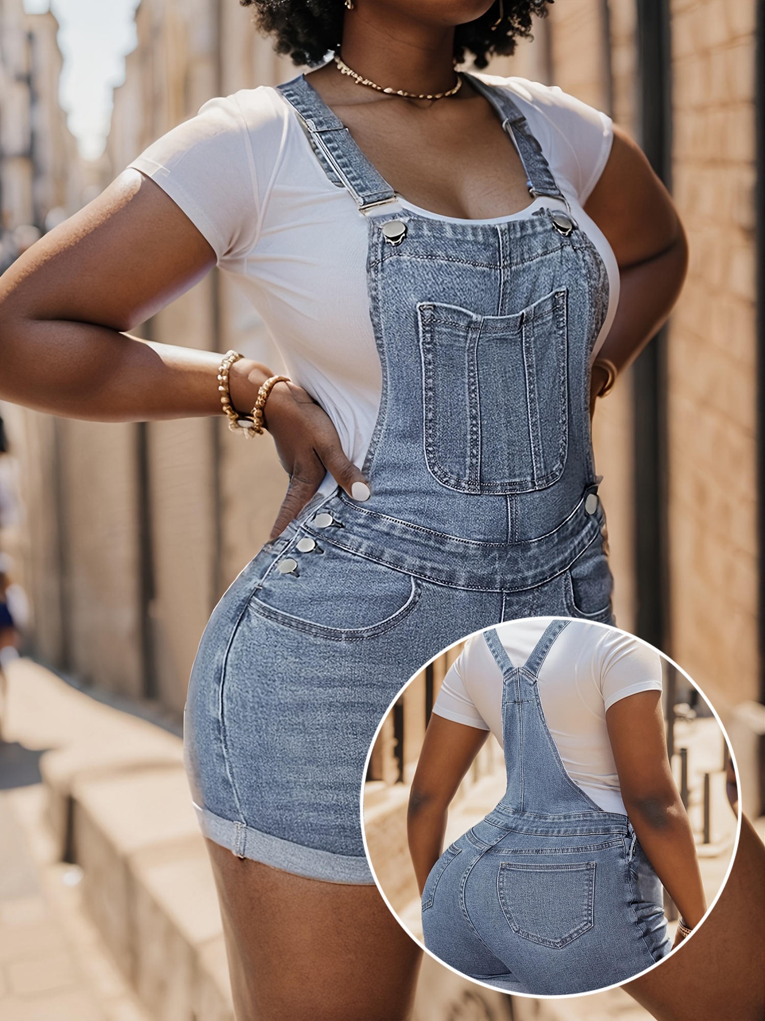 Ladies Pocket Slim-Fit Denim Strap Short | IFYHOME