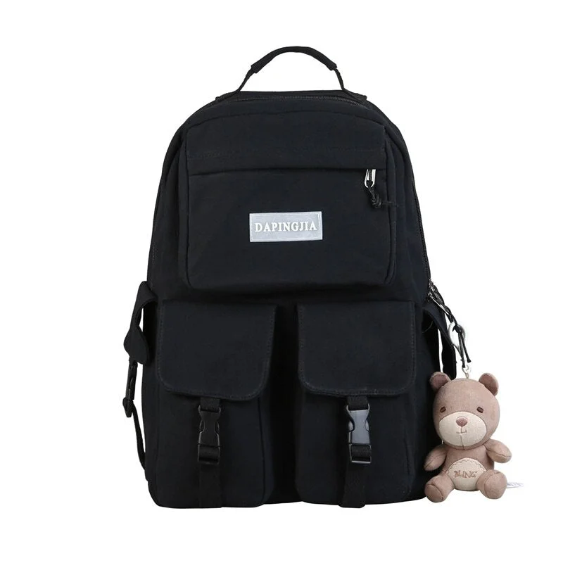 New Kawaii Canvas Women Backpack Multi Pocket Buckle Waterproof Rucksack for Teen Girls Fashion School Bag Cute Student Bookbag