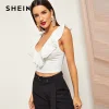 SHEIN Night Out Highstreet Beige Deep V Neck Layered Ruffle Trim Crop Tank Top Women Autumn Night Out Casual Tank Vests