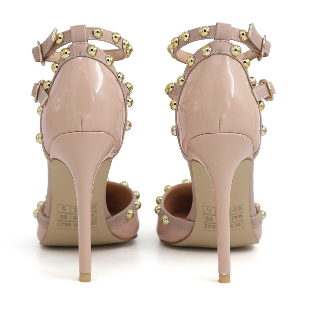 3.94&ldquo; Womens Pointed Toe Pumps Golden Round Rivets Ankle Strap Nude Patent Sandals-vocosishoes