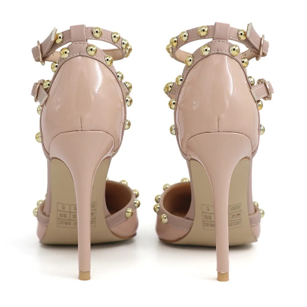 3.94&ldquo; Womens Pointed Toe Pumps Golden Round Rivets Ankle Strap Nude Patent Sandals-vocosishoes