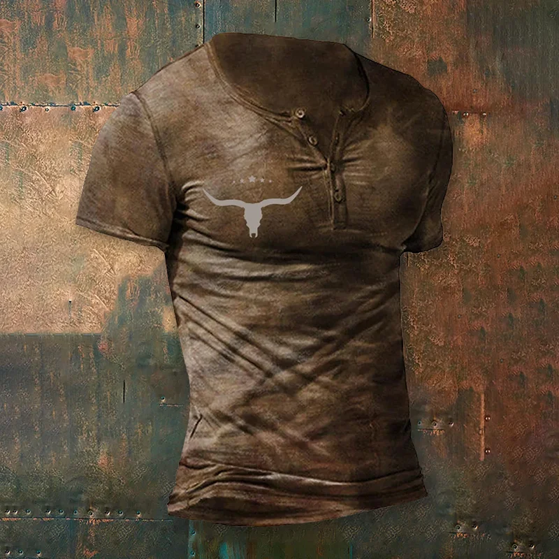 Men'S Western Retro Bull Head Star Short Sleeve Henry T-Shirt