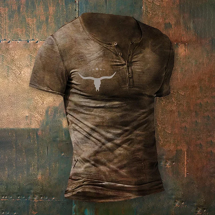 BrosWear Men'S Western Retro Bull Head Star Short Sleeve Henry T-Shirt