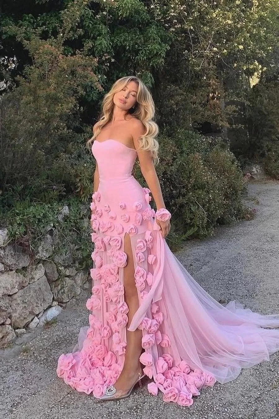 Miabel Amazing Pink Satin Strapless Sleeveless Tulle Split Prom Dress with Flowers 