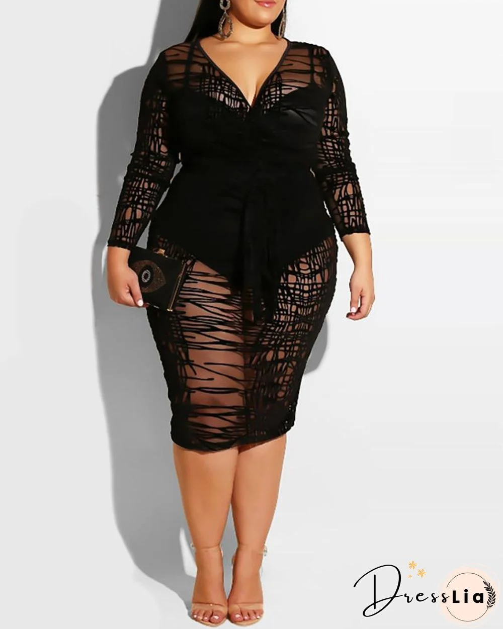 Plus Size Sheer Mesh Slit Midi Dress