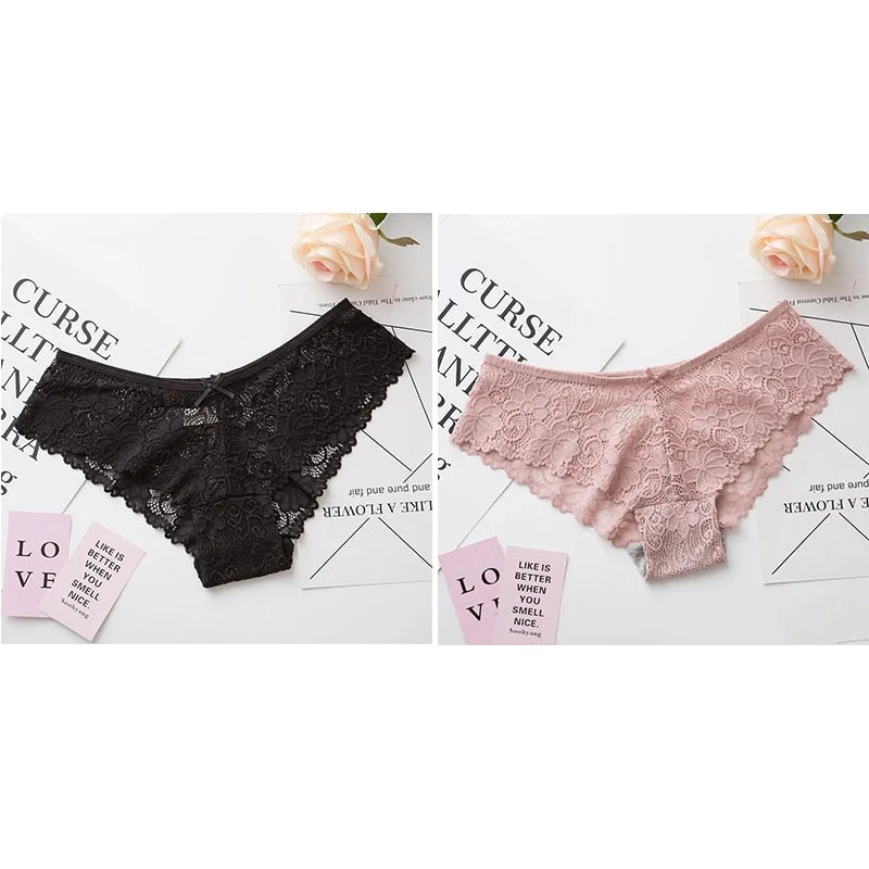 Women Sexy Lace Lingerie Low-waist Panties Embroidery Tempting Briefs Transparent Hollow out Underwear Female Underpants