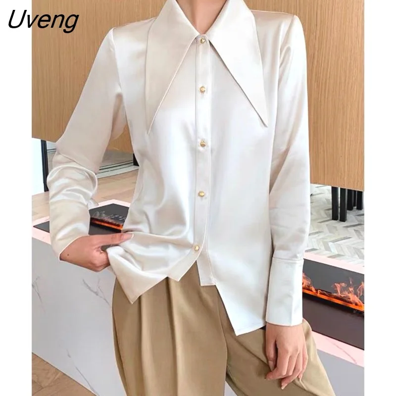 Uveng Sleeve White Satin Blouse Women Autumn Fashion Loose Vintage Button Shirt Women Clothing Korean Chic Lapel Office Lady Tops
