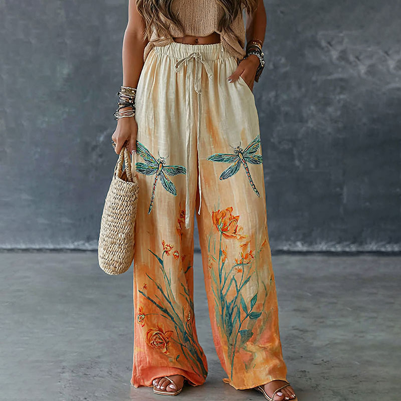 Comstylish Women's Dragonfly And Floral Pattern Art Print Flowy Linen Blend Casual Pants