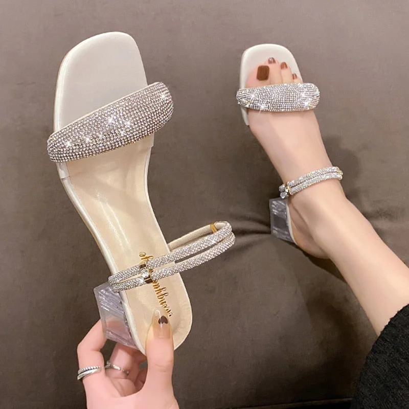 Bling Crystal Sandals For Women 2022 Summer Transparent Heels Slippers Female Fashion Rhinestone Party Slides Shoes Woman