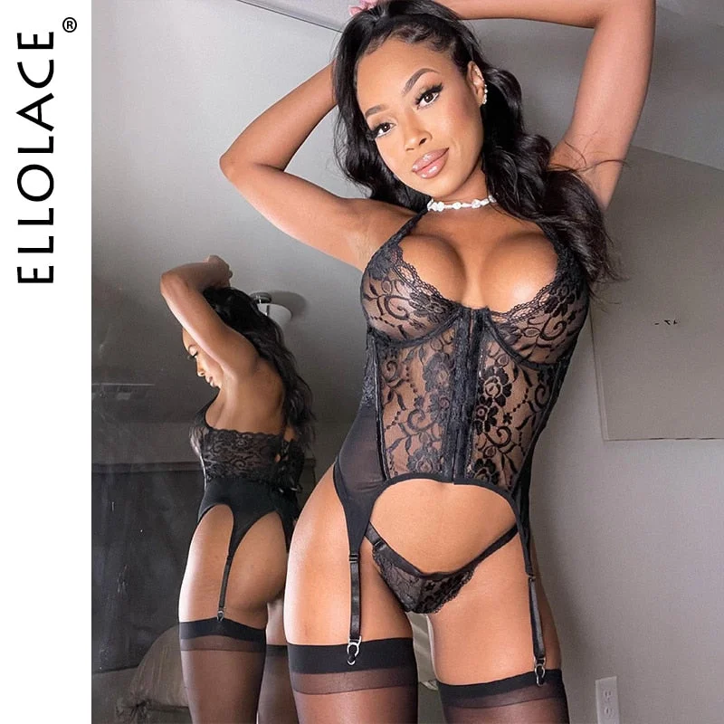 Ellolace Sexy Corset Waist Trainer Body Shaper Black Women's Underwear Lace Up Bustier and Corsets Top Thongs Modeling Strap