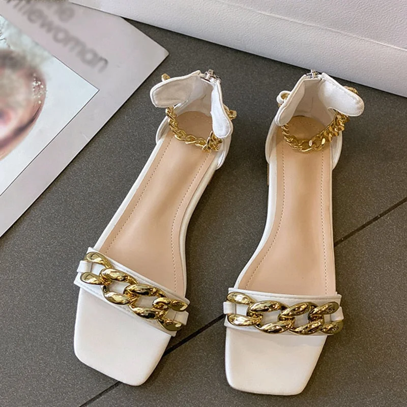 Women's Sexy Sandals Pumps Chain High Heels Summer Shoes Metal Party Fashion Square Toe Cross tied Female Footwear Plus Size 43