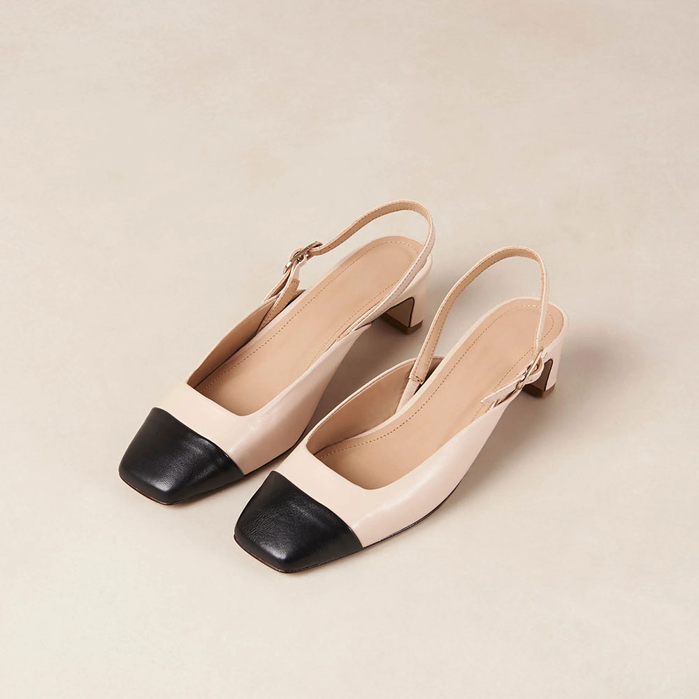 Beige & Black Square Toe Chunky Heel Vintage Slingback Pumps Nicepairs