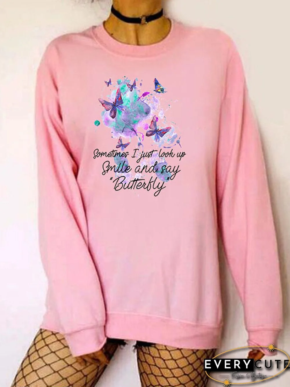Butterfly Letters Printed Long Sleeve O-neck Sweatshirt For Women