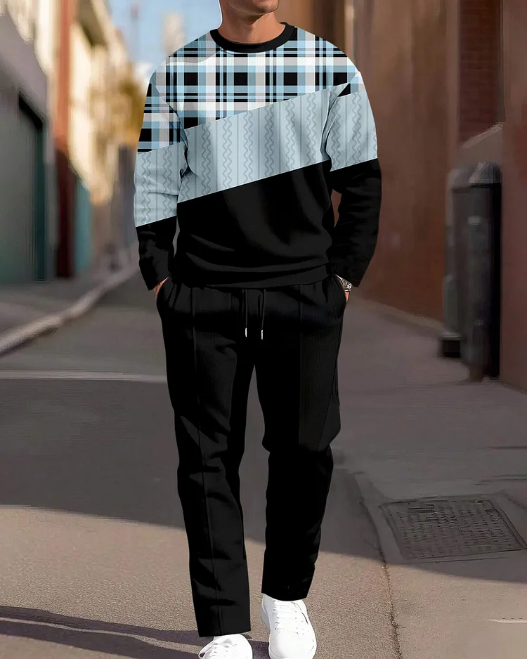 Men's Simple Colorblock Round Neck Casual Sports Set 0148
