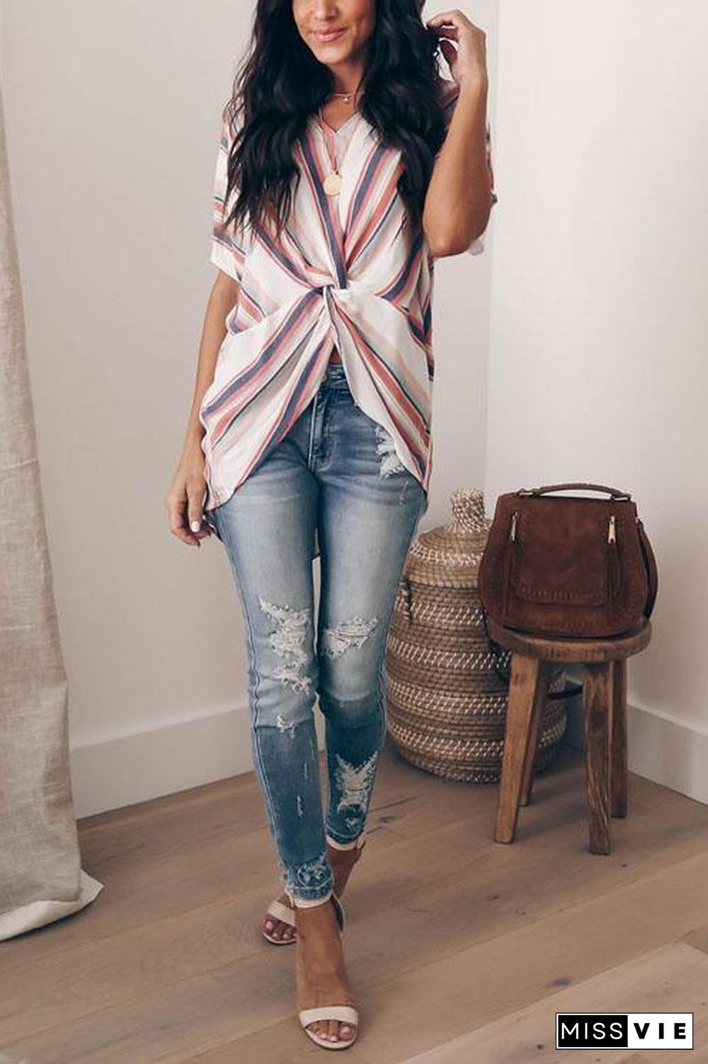 Colorful Striped Twisted Knot Shirt