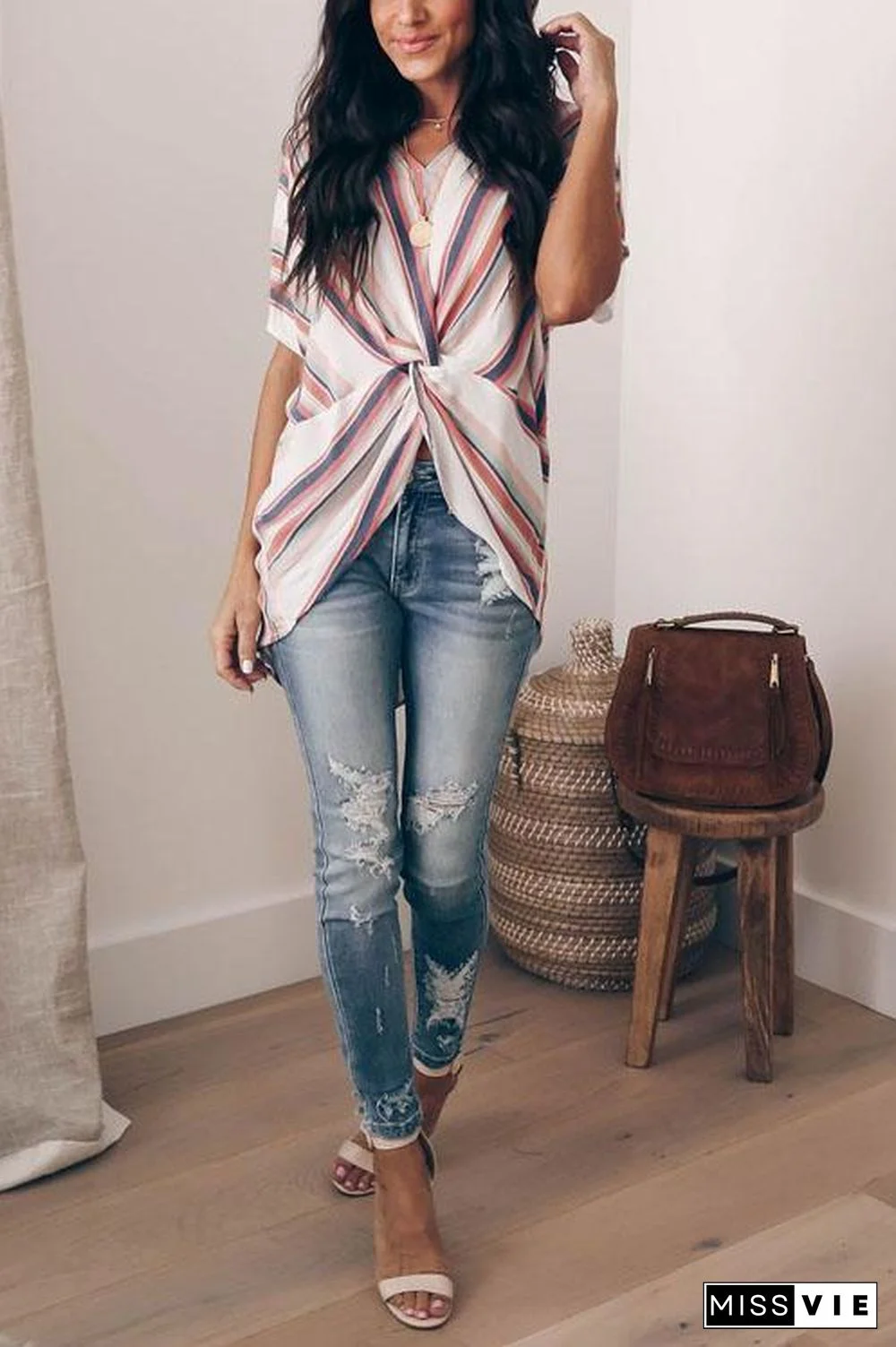 Colorful Striped Twisted Knot Shirt