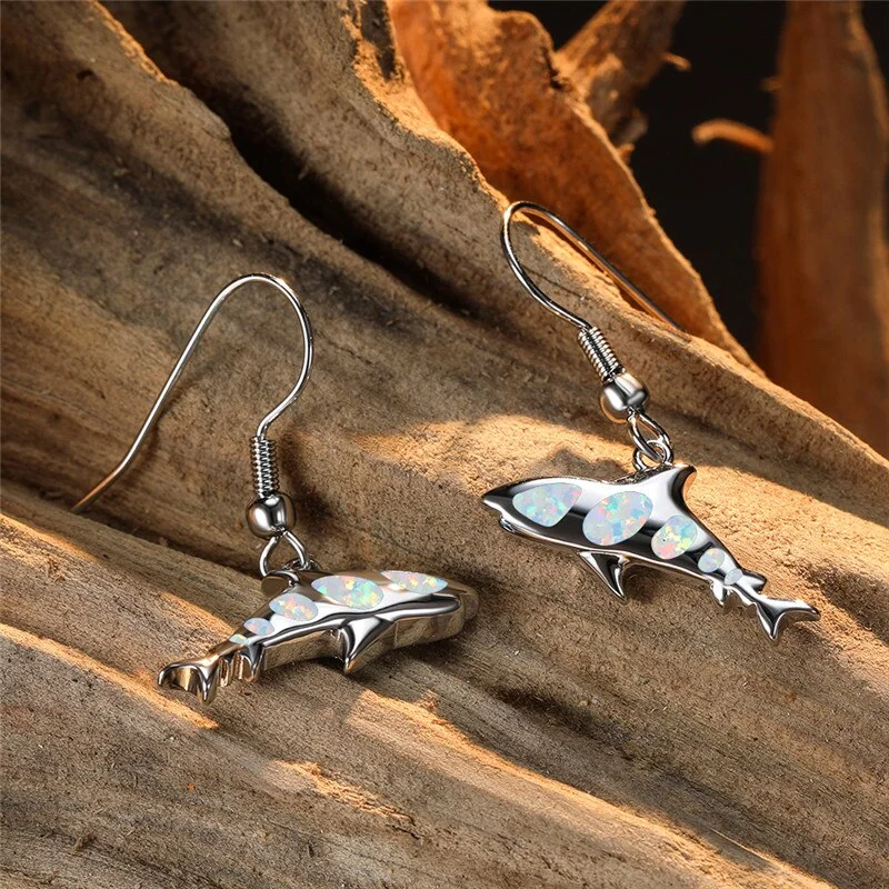 Boho Female Shark Long Drop Earrings Charm Silver Color Dangle Earrings For Women Luxury White Opal Stone Wedding Earrings