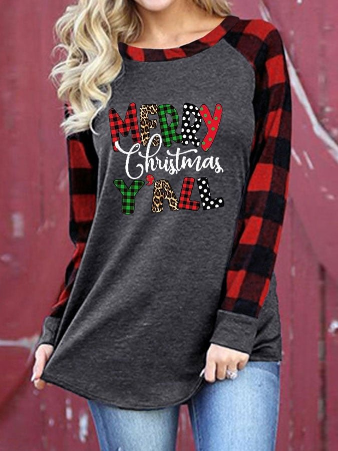 Women's Merry Christmas Yall Leopard Print Colorblock Plaid T-Shirt