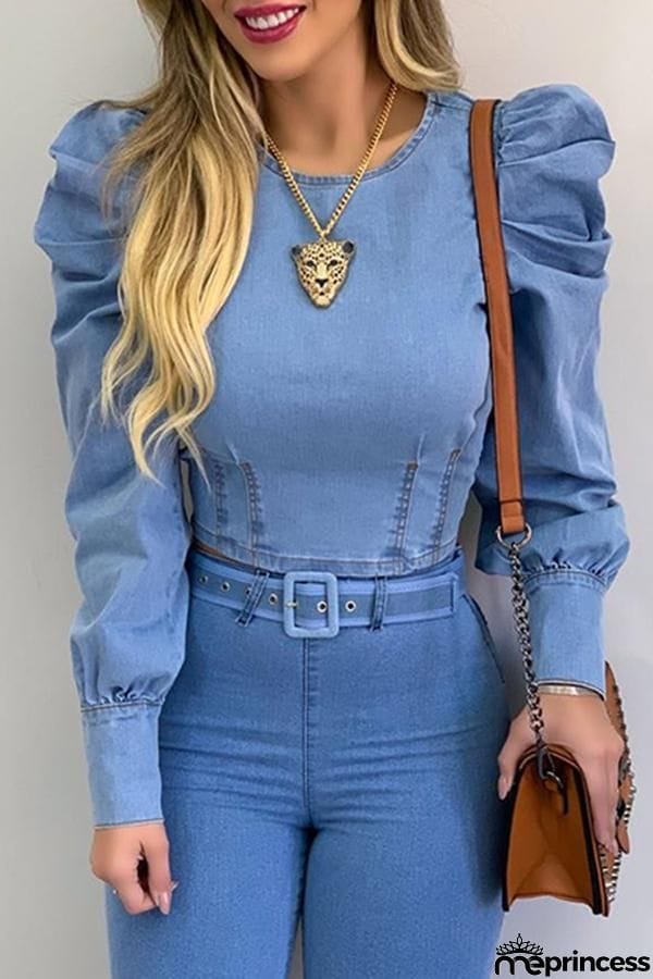 Puff Sleeve Round Neck Denim Blouse