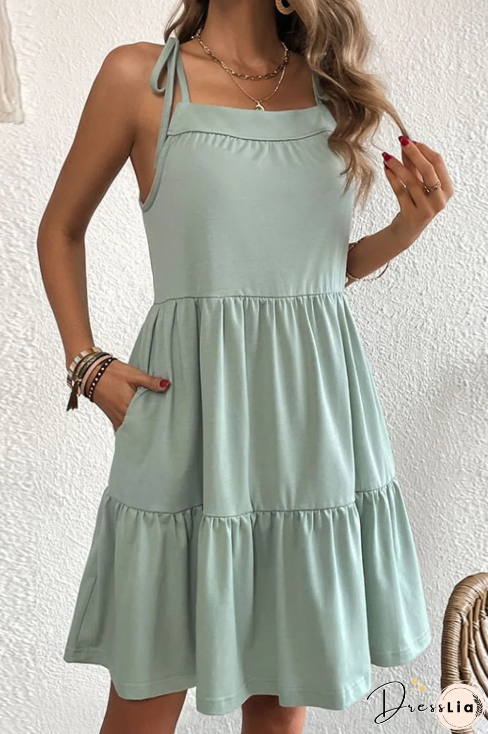 Tie-Shoulder Tiered Dress with Pockets