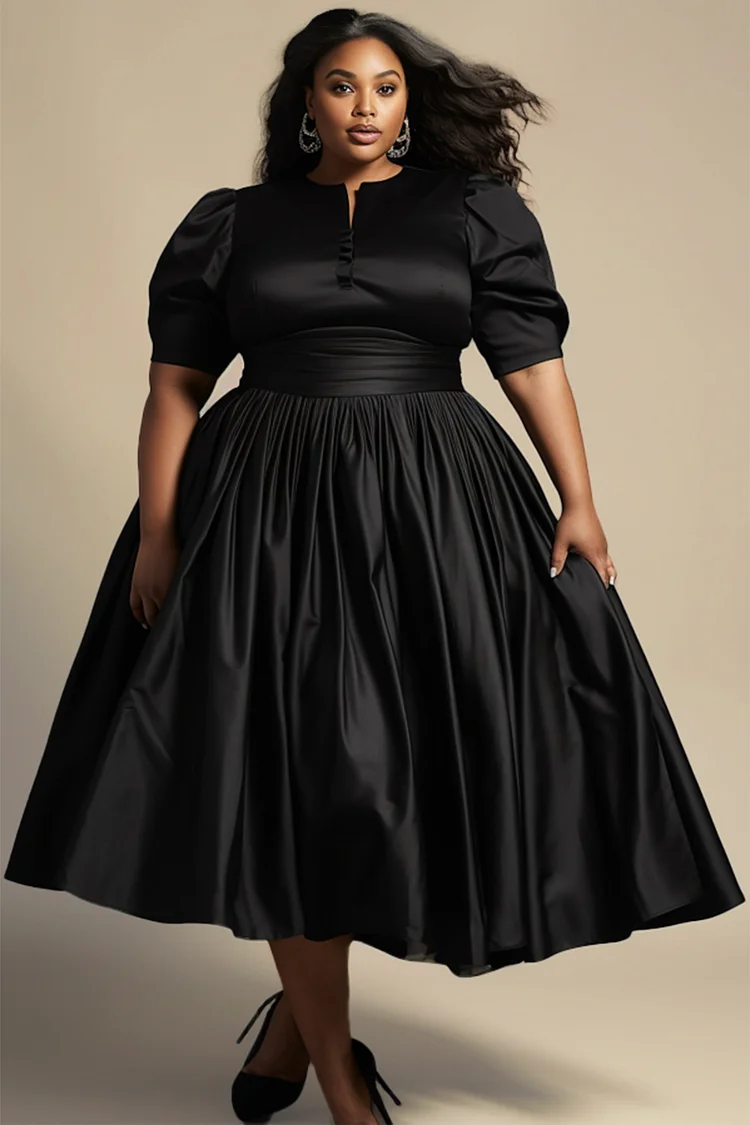 Xpluswear Design Plus Size Semi Formal Elegant Black Round Neck Puff Sleeve Short Sleeve Button Knitted Midi Dresses 