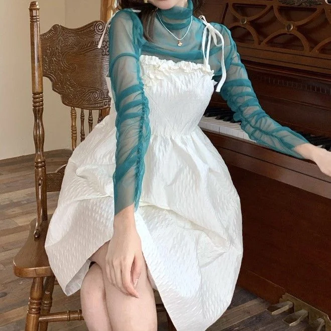 Turtleneck Mesh Top / Spaghetti Strap Midi A-Line Dress YP1595