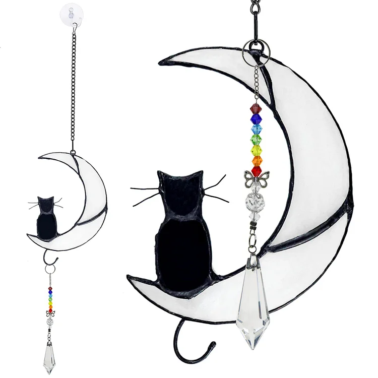 Olivenorma White Moon Black Cat Glass Window Ornament