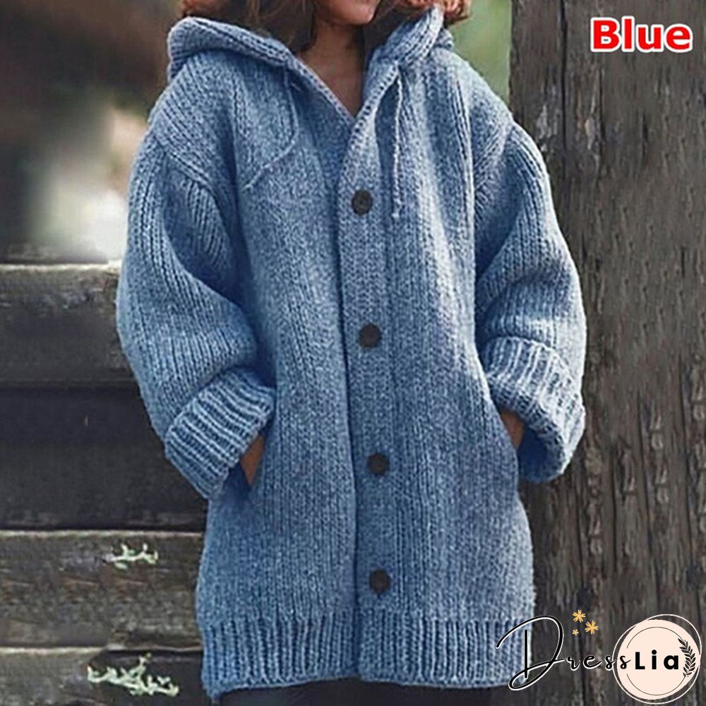 New Autumn Fashion Women Winter Coat Knit Hooded Sweater Loose Mid-length Button Up Knitted Cardigan Jackets for Women Outwear vestidos mujer casacos de inverno feminino