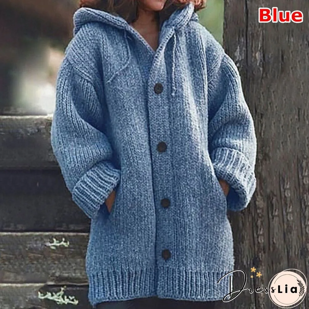 New Autumn Fashion Women Winter Coat Knit Hooded Sweater Loose Mid-length Button Up Knitted Cardigan Jackets for Women Outwear vestidos mujer casacos de inverno feminino