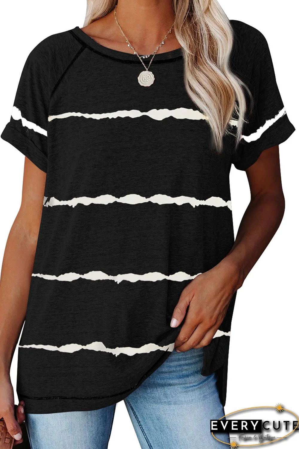 Black Stripe Print Loose T-shirt