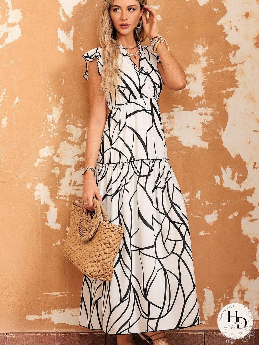 Tiered Maxi Dress with Abstract Faces