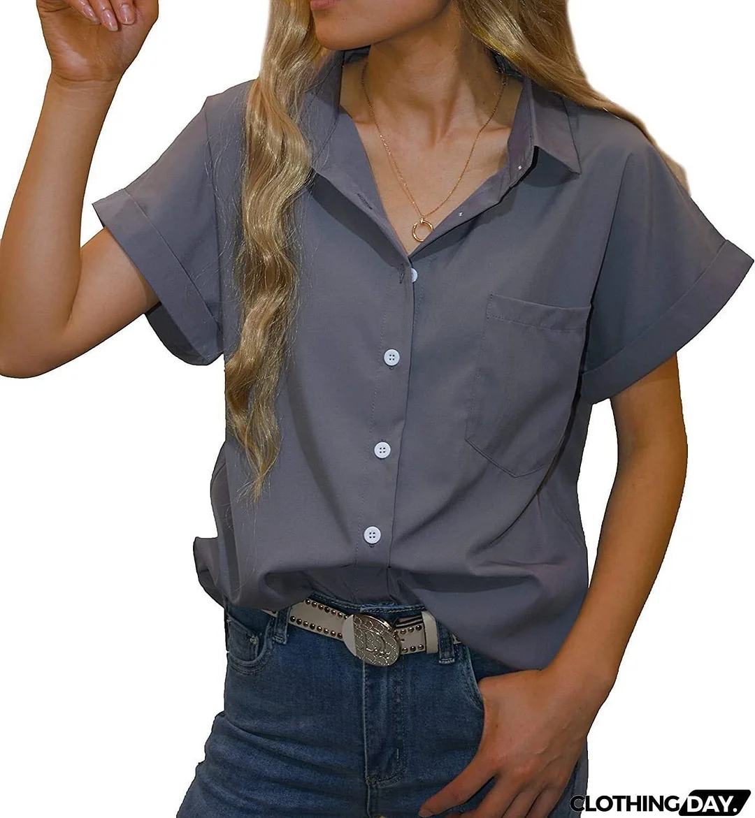 Women's Short-sleeved T-shirt V-neck Button-up Blouse