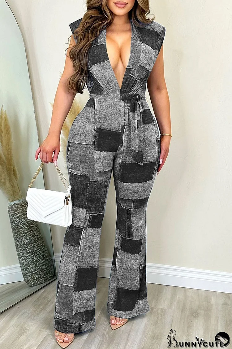 Black Casual Print Patchwork V Neck Regular Jumpsuits