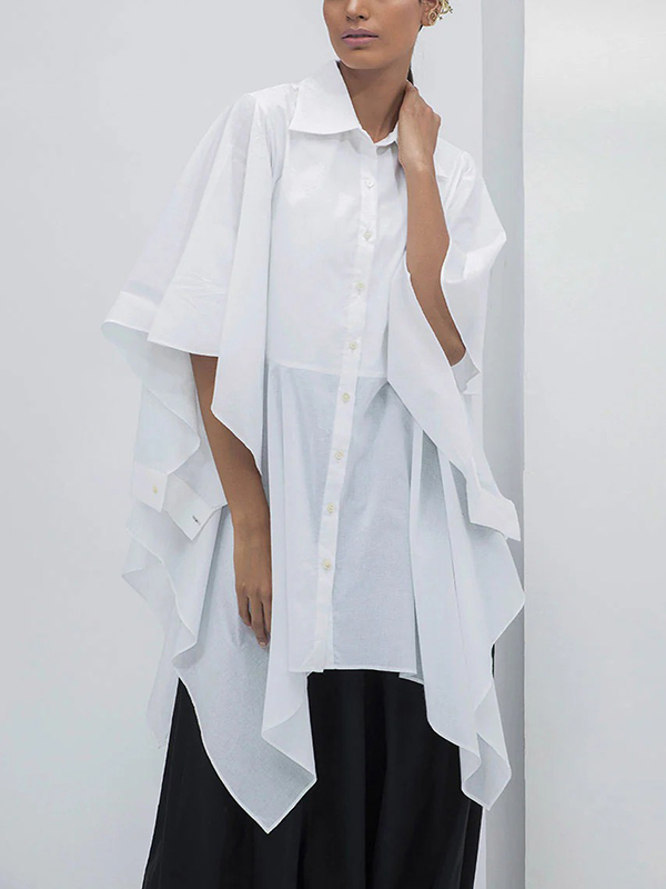 Solid Color Spread Collar Asymmetrical Hem Blouses