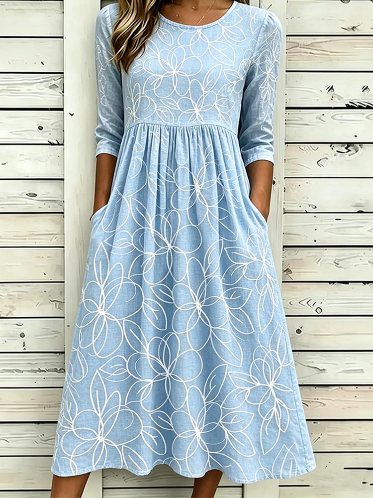 Comstylish Floral Pattern Design Women's Casual Cotton Linen Dress