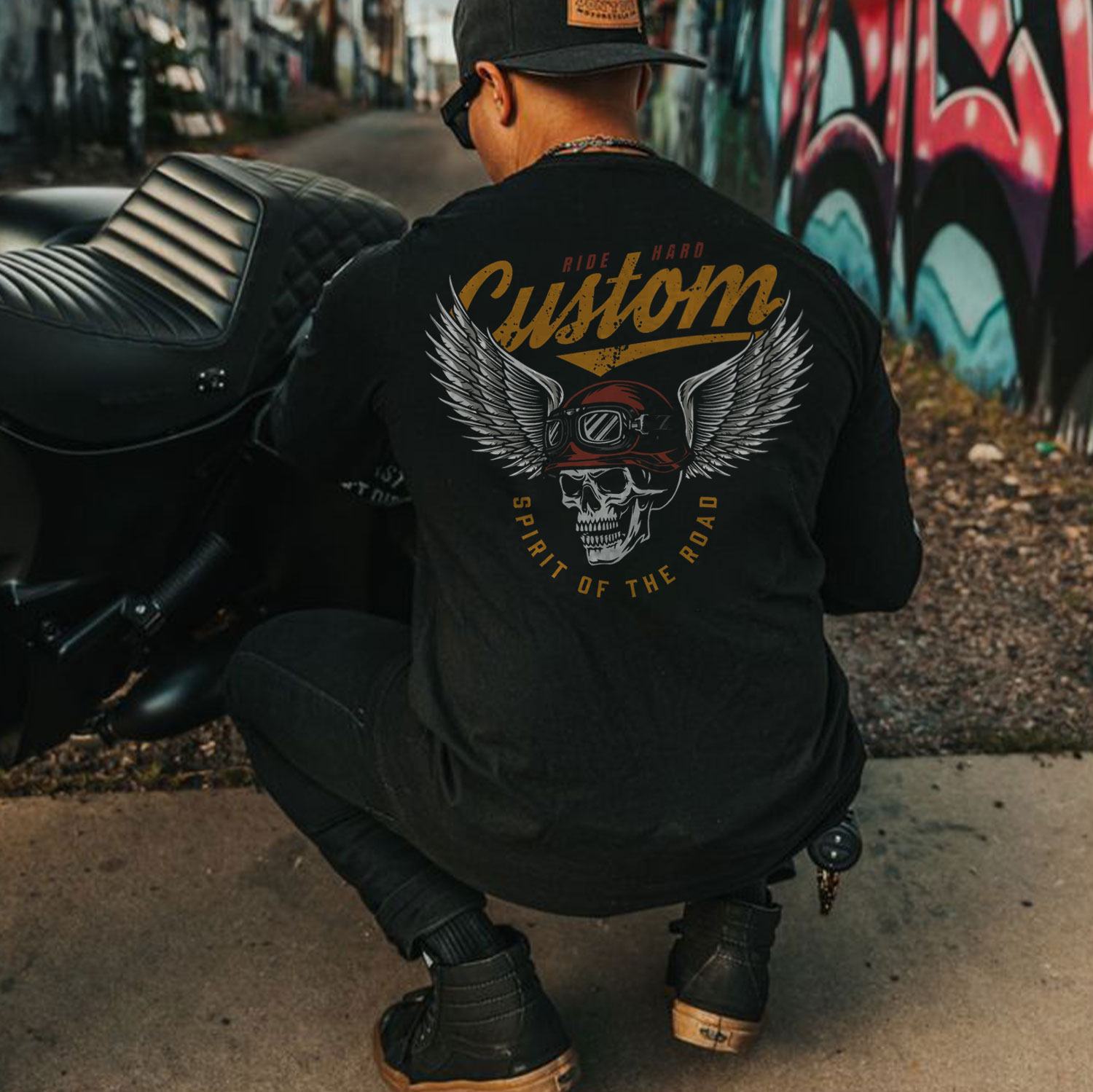 CUSTOM Skull with Helmet and Wings Graphic Black Print Sweatshirt