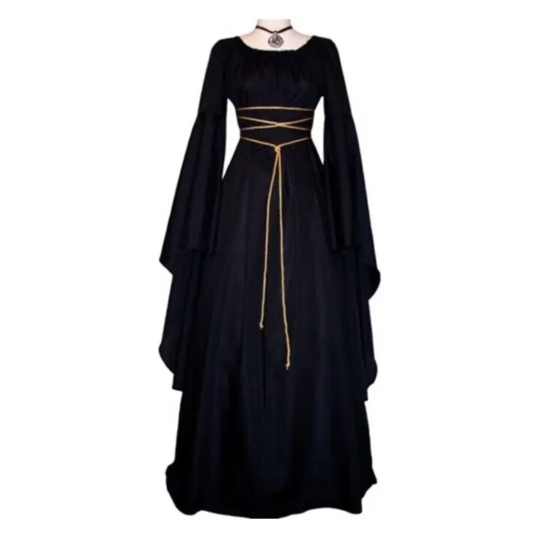 Brownm Sleeve Satin Round Neck Irregular Belt Women's Dress Halloween Costume