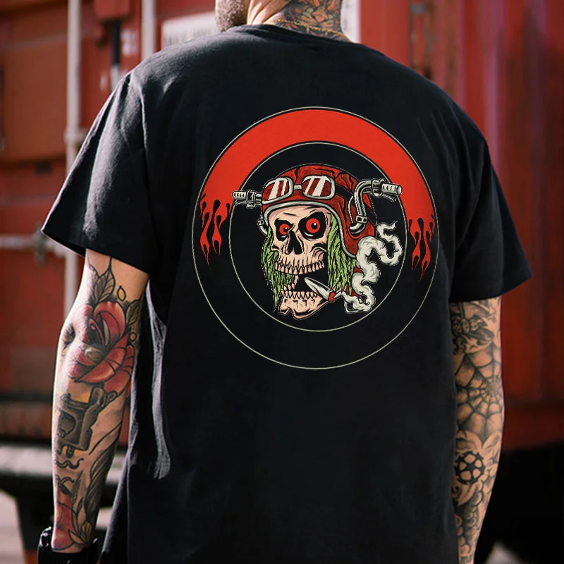 Crazy Skull with Helmet in the Circle Black Print T-shirt