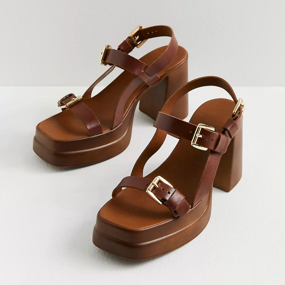 Brown Faux Leather Open Toe Strap Women's Heel Sandals with Platform Nicepairs