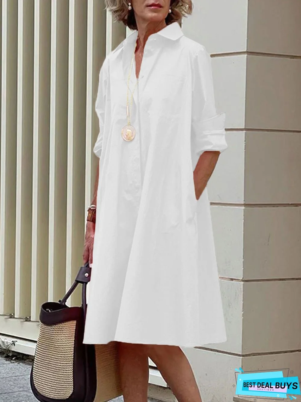 Shirt Dress Long sleeve Plain Simple Dress