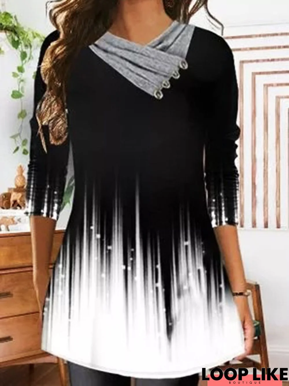 Cowl neck Printed Casual Long Sleeve Tunic Top