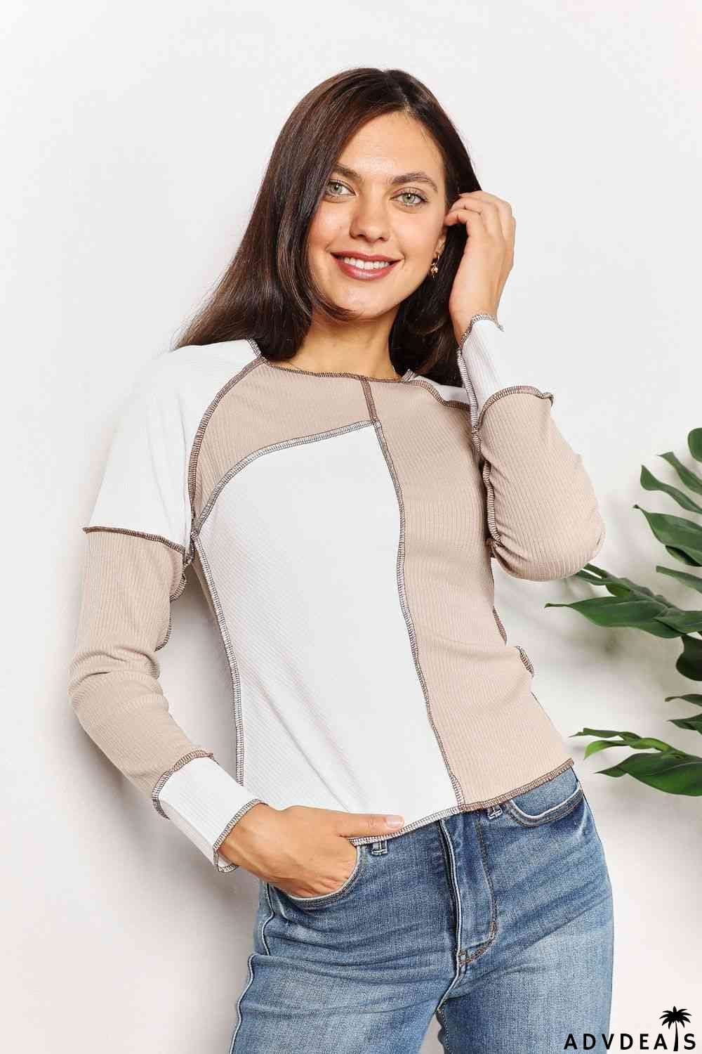 Double Take Color Block Exposed Seam Top