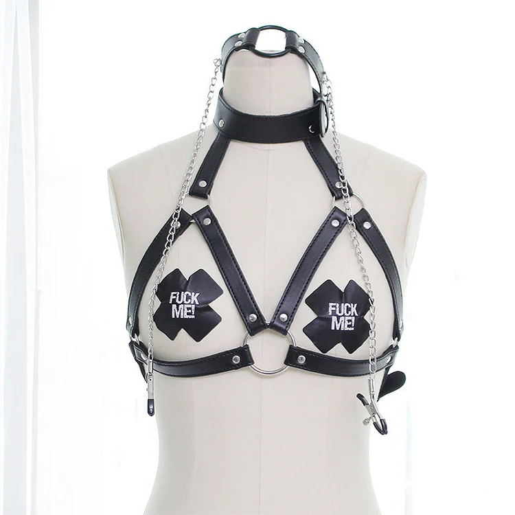 Hollow Out PU Lingerie With Nipple Clamps  - Modakawa modakawa