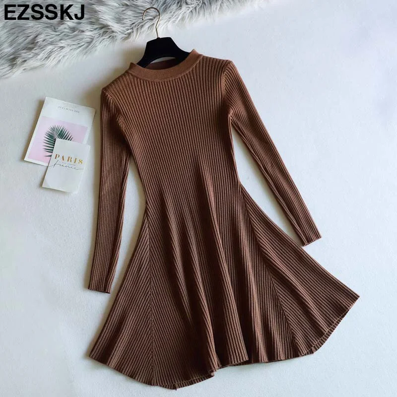 chic Autumn Winter black Sweater Dress Women o-neck Long Sleeve A Line thick Knit mini Dress female girl short bodycon dress
