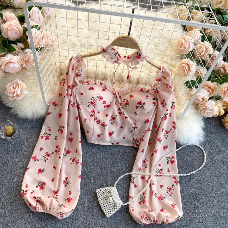 New Sexy Women Tops Gothic Floral Print Elegant Chiffon Blouse Shirts Long Sleeve Pink Lady Crop Tops Clothing