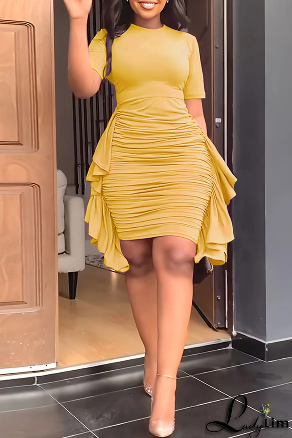 Pink Fashion Casual Solid Patchwork Fold O Neck Short Sleeve Dress