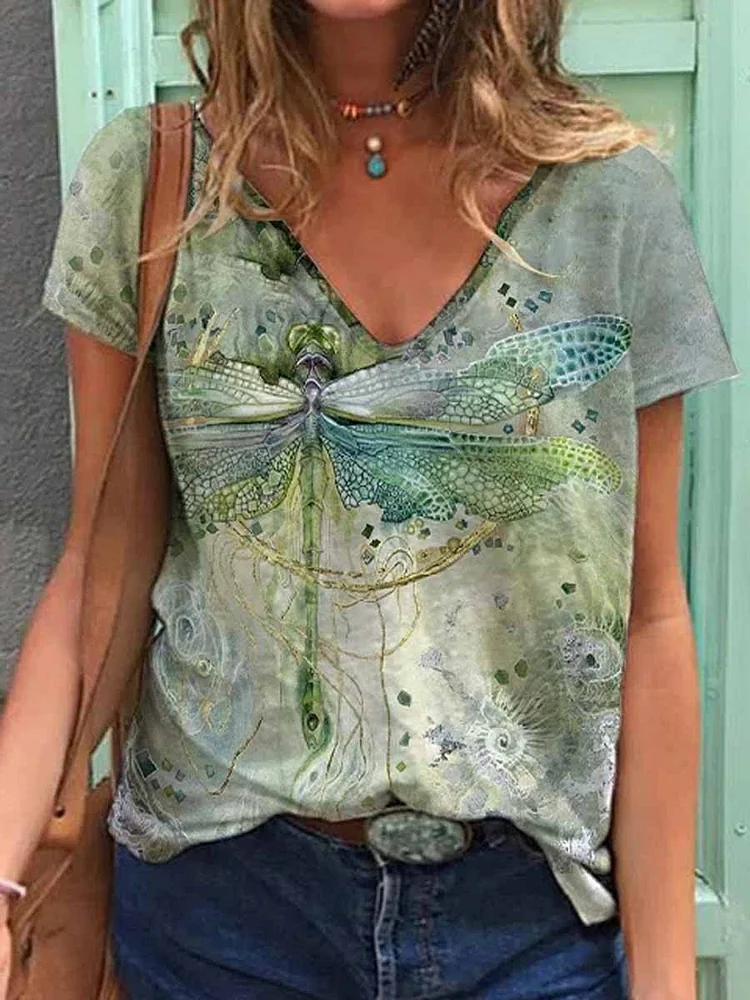 Women's Dragonfly Print V-Neck Tee