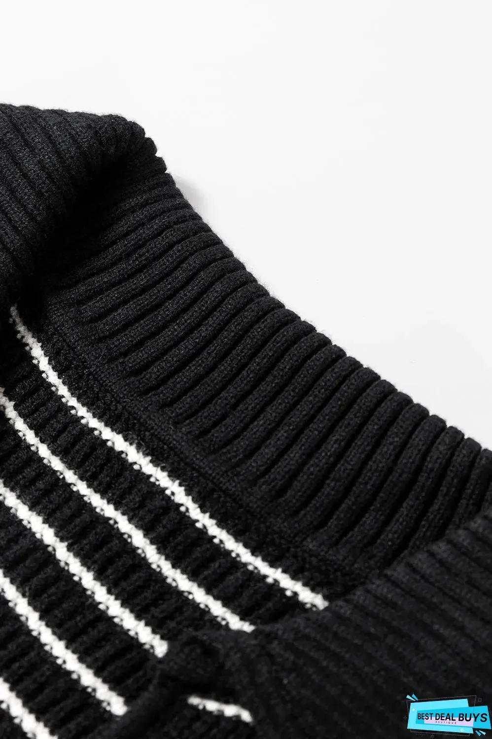 Black Stripe Turn-down V Neck Sweater Tank Top