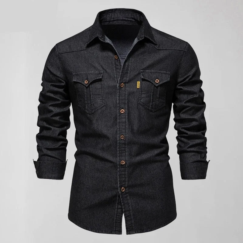 Inongge Spring Fashion US Size Cotton Long Sleeve Denim Shirts Men's Casual Solid Color Pocket Men High Quality Shirts Streetwear